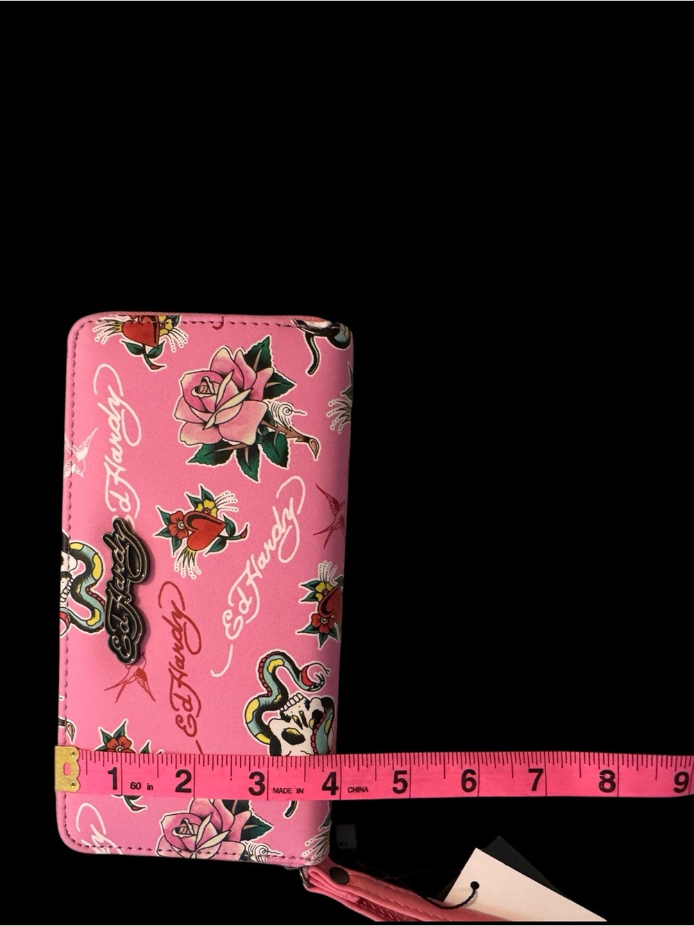Ed Hardy Pink Tattoo Print Zip Around Wristlet Wallet Roses Skull Hearts - Picture 5 of 6
